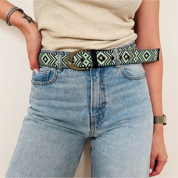 New Free People Belt Jaded Jungle Vert Cotton & Leather S/M boho - Picture 4 of 9